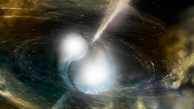 This image by the National Science Foundation show an artist's illustration of two merging neutron stars. The narrow beams represent the gamma-ray burst while the rippling space-time grid indicates the isotropic gravitational waves that characterise the merger. (AFP)