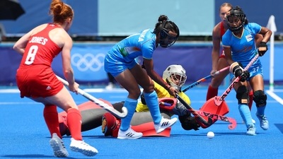 Tokyo 2020 Olympics - Hockey - Women's Pool A - Britain v India - Oi Hockey Stadium, Tokyo, Japan - July 28, 2021. Monika Malik of India in action as they defend. (REUTERS)