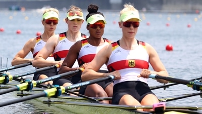 Tokyo 2020 Olympics - Rowing - Women's Quadruple Sculls - Final A - Sea Forest Waterway, Tokyo, Japan - July 28, 2021. Daniela Schultze of Germany, Franziska Kampmann of Germany, Carlotta Nwajide of Germany and Frieda Haemmerling of Germany in action REUTERS/Leah Millis (REUTERS)