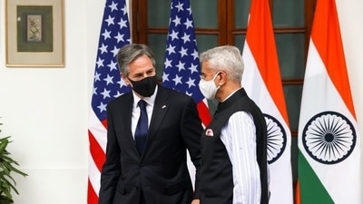 External&nbsp;affairs minister S Jaishankar welcomes US secretary of state Antony Blinken at Hyderabad House in New Delhi. (Reuters)