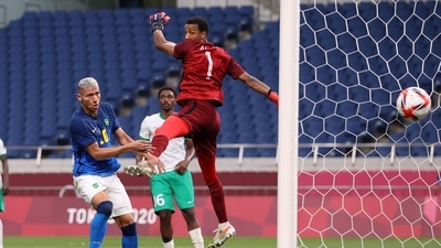 Richarlison of Brazil scores his second goal against Saudi Arabia in a group match at Tokyo Olympics (REUTERS)