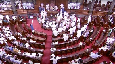 Opposition leaders shout slogans in well as they stage a protest in Rajya Sabha during the Monsoon session of Parliament, in New Delhi. Opposition leaders shout slogans in well as they stage a protest in Rajya Sabha during the Monsoon session of Parliament, in New Delhi.