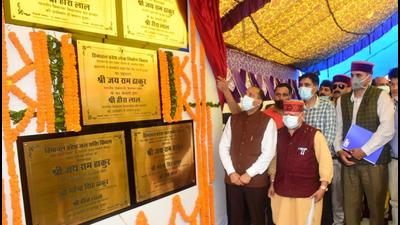 Himachal chief minister Jai Ram Thakur inaugurating different projects in Mandi’s Karsog on Wednesday. (Birbal Sharma/HT)