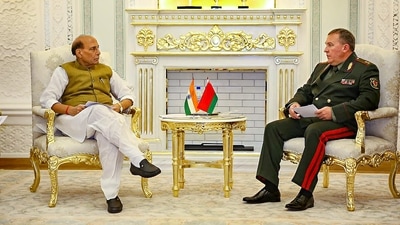 Defence Minister Rajnath Singh meeting the Defence Minister of Belarus, Lieutenant General Viktor Khrenin on the sidelines of SCO Defence Ministers. (PTI) Defence Minister Rajnath Singh meeting the Defence Minister of Belarus, Lieutenant General Viktor Khrenin on the sidelines of SCO Defence Ministers. (PTI)