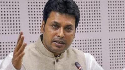 Agartala: Tripura Chief Minister Biplab Kumar Deb speaks with the media, as Deputy Chief Minister Jishnu Dev Barman looks on, in Agartala on Wednesday. PTI Photo (PTI3_21_2018_000122B) (PTI) Agartala: Tripura Chief Minister Biplab Kumar Deb speaks with the media, as Deputy Chief Minister Jishnu Dev Barman looks on, in Agartala on Wednesday. PTI Photo (PTI3_21_2018_000122B) (PTI)
