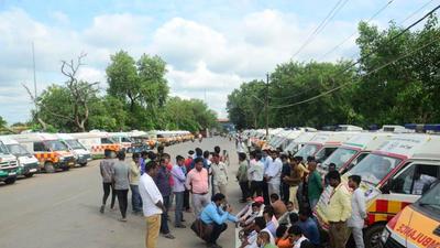 Agitating ambulance drivers in Prayagraj. (FILE PHOTO) Agitating ambulance drivers in Prayagraj. (FILE PHOTO)