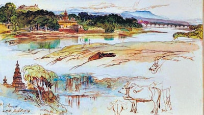 A painting of the Omkareshwar temple complex of 1875 by British artist Edward Lear. (Saili Datar/hHTphoto) A painting of the Omkareshwar temple complex of 1875 by British artist Edward Lear. (Saili Datar/hHTphoto)