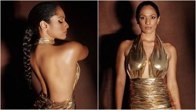 Masaba Gupta in backless halter-neck gold gown is nothing short of a supermodel (Instagram/@masabagupta) Masaba Gupta in backless halter-neck gold gown is nothing short of a supermodel (Instagram/@masabagupta)