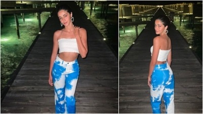 Ananya Panday: The newbie looked fashionable in blue and white tie-dye cropped mom jeans which she teamed with a white tube top. (Instagram/@ananyapanday)