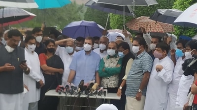 Congress leader Rahul Gandhi, alongside other opposition party leaders, addresses media on Pegasus spying allegations against the government outside Parliament in New Delhi. (Photo: INCIndia/ Twitter) Congress leader Rahul Gandhi, alongside other opposition party leaders, addresses media on Pegasus spying allegations against the government outside Parliament in New Delhi. (Photo: INCIndia/ Twitter)