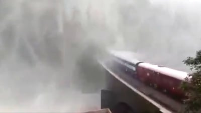 A large volume of water falling from Dudhsagar waterfall can be seen as it covers the train partially.