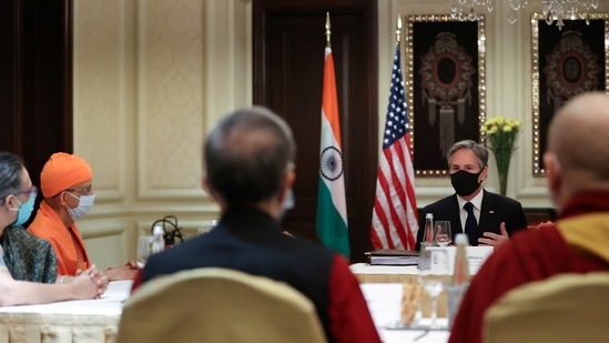 U.S. Secretary of State Antony Blinken delivers remarks to civil society organization representatives in a meeting room at the Leela Palace Hotel in New Delhi, India(REUTERS)