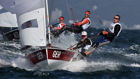 Tokyo 2020 Olympics - Sailing - Women's 470 - Opening Series - Enoshima Yacht Harbour - Tokyo, Japan - July 28, 2021. Luise Wanser and Anastasiya Winkel of Germany and Afrodite Zegers and Lobke Berkhout of the Netherlands in action. REUTERS/Carlos Barria(REUTERS)