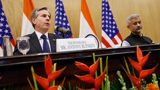 US Secretary of State Antony Blinken, left, speaks with Indian Foreign Minister Subrahmanyam Jaishankar during a joint news conference at Jawaharlal Nehru Bhawan (JNB) in New Delhi. (AP)