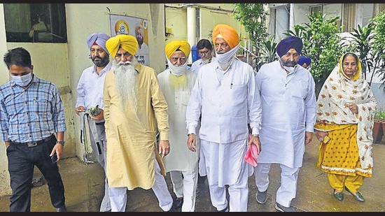 A delegation of SAD leaders coming out of the police commissioner’s office after handing over a memorandum against LIP leader Simarjeet Bains in Ludhiana on Wednesday. (Gurpreet Singh/HT)
