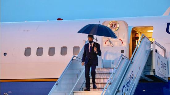 US secretary of state Antony Blinken arrives at Delhi airport on July 27. (PTI)