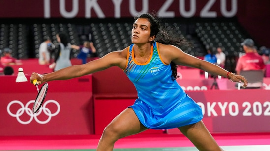 Tokyo: India's Pusarla V. Sindhu plays against Hong Kong China's Ngan Yi Cheung in the women�s singles badminton match, at the Summer Olympics 2020, in Tokyo, Wednesday, July 28, 2021. Sindhu won the match 21-9, 21-16. (PTI Photo/Gurinder Osan) (PTI07_28_2021_000122B)(PTI)