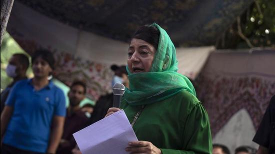PDP president Mehbooba Mufti during the party’s 22nd foundation day at its headquarters in Srinagar on Wednesday. (Waseem Andrabi/Hindustan Times)