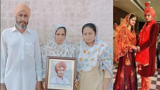 Lovepreet Singh Sidhu’s parents and sister seeking justice after his death on June 23 and (right) the youngster with bride Beant Kaur at their wedding in August 2019. (HT file photos)