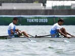 Tokyo 2020 Olympics - Rowing - Men's Lightweight Double Sculls - Semifinal 2 - Sea Forest Waterway, Tokyo, Japan - July 28, 2021. Arjun Lal of India and Arvind Singh of India react after competing REUTERS/Piroschka Van De Wouw