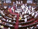Opposition leaders shout slogans in well as they stage a protest in Rajya Sabha during the Monsoon session of Parliament, in New Delhi. Opposition leaders shout slogans in well as they stage a protest in Rajya Sabha during the Monsoon session of Parliament, in New Delhi.