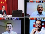 Left leaders like Sitaram Yechury and D Raja attend a virtual seminar hosted by the Chinese Embassy in New Delhi on Tuesday to observe the centenary of the founding of the Communist Party of China. 