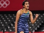PV Sindhu celebrates a point against Mia Blichfeldt. 