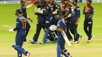 Sri Lankan players celebrate as another India batsman heads back. (Getty Images) Sri Lankan players celebrate as another India batsman heads back. (Getty Images)