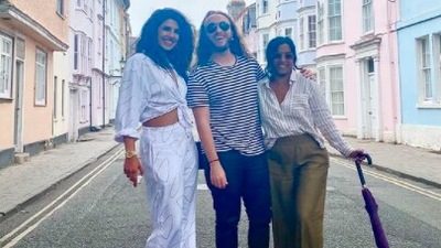 Fashionista Priyanka, looked stylish as ever in a white crop top which she teamed with white flared pants and black heels. (Instagram/@priyankachopra)