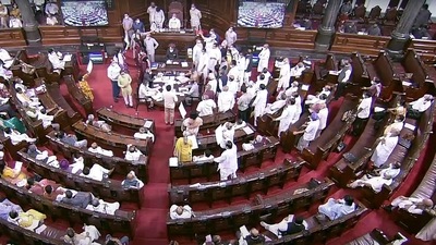 Opposition leaders shout slogans in well as they stage a protest in Rajya Sabha during the Monsoon session of Parliament, in New Delhi. Opposition leaders shout slogans in well as they stage a protest in Rajya Sabha during the Monsoon session of Parliament, in New Delhi.