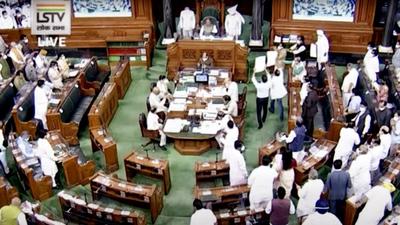 Opposition leaders stage a protest in Lok Sabha, in New Delhi on Wednesday, July 28. (ANI)