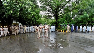 Police personnel stand guard during a "Kisan Sansad" protest against three farm reform laws, at Jantar Mantar in New Delhi, on July 28. Mahesh Palawat, vice-president (meteorology and climate change) at Skymet Weather, a private weather forecaster, told HT that despite a late start to monsoon, Delhi has managed to exceed the rainfall usually seen in July. (Vijay Verma / PTI) Police personnel stand guard during a "Kisan Sansad" protest against three farm reform laws, at Jantar Mantar in New Delhi, on July 28. Mahesh Palawat, vice-president (meteorology and climate change) at Skymet Weather, a private weather forecaster, told HT that despite a late start to monsoon, Delhi has managed to exceed the rainfall usually seen in July. (Vijay Verma / PTI)