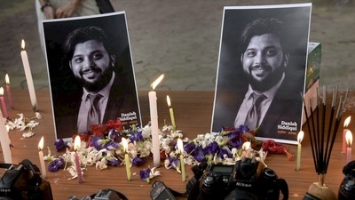 A candlelight tribute to Pulitzer prize winner photojournalist Danish Siddiqui, who was killed in clashes with Taliban in Afghanistan. (PTI Photo) A candlelight tribute to Pulitzer prize winner photojournalist Danish Siddiqui, who was killed in clashes with Taliban in Afghanistan. (PTI Photo)