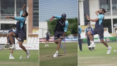 (L-R): Bhuvnehswar Kumar, R Ashwin and Mohammed Shami bowling in nets (HT Collage)