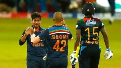 India's Kuldeep Yadav, left, celebrates the wicket of Sri Lanka's Minod Bhanuka during the second Twenty20 cricket match between Sri Lanka and India in Colombo, Sri Lanka, Wednesday, July 28, 2021. (AP) India's Kuldeep Yadav, left, celebrates the wicket of Sri Lanka's Minod Bhanuka during the second Twenty20 cricket match between Sri Lanka and India in Colombo, Sri Lanka, Wednesday, July 28, 2021. (AP)