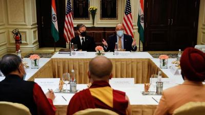 US secretary of state Antony Blinken (left) and US ambassador to India Atul Keshap deliver remarks to civil society organisation representatives at a meeting in New Delhi, India, on Wednesday. (REUTERS)