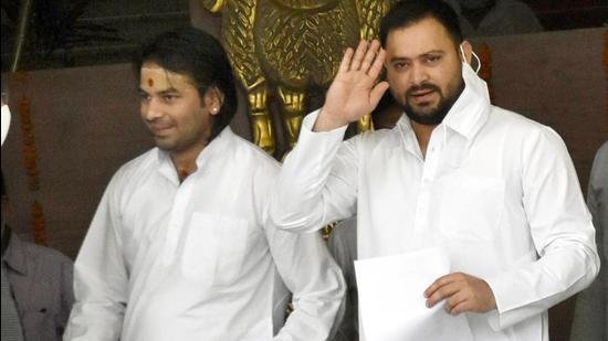 Patna, India – July 29, 2021: RJD MLAs Tejashwi Yadav and Tej Pratap Yadav arrive to attend the Monsoon Session at Bihar Assembly in Patna, Bihar, India on Thursday July 29, 2021. (Photo by Santosh Kumar /Hindustan Times)