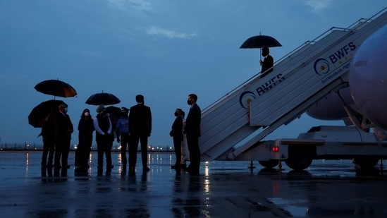 US Secretary of State Antony Blinken arrives at New Delhi Palam Airport ahead of meetings with diplomatic counterparts in New Delhi on July 27. The monsoon, which arrived in Delhi on July 13, making it the most-delayed in 19 years, is now drenching Delhi, flooding low-lying areas and causing long traffic snarls.(Jonathan Ernst / REUTERS)