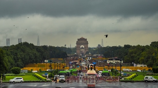 Dark clouds over India Gate and the Vijay Chowk area on a rainy day in New Delhi on July 28. Light to moderate showers continued through July 28, a day after the national capital recorded 100mm rainfall in just three hours during the morning on July 27 – nearly half the July average of 210.6mm, HT reported.(PTI)