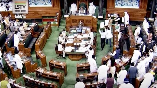 Opposition leaders stage a protest in Lok Sabha, in New Delhi on Wednesday, July 28. (ANI)
