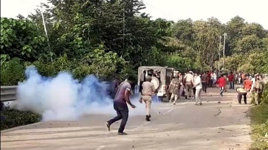 Police personnel during a clash at Assam-Mizoram border at Lailapur in Cachar district on Monday, July 26. (File photo)