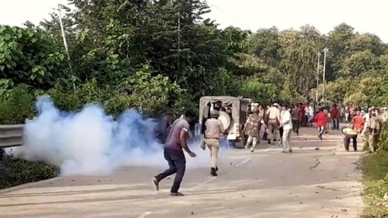 Police personnel during a clash at Assam-Mizoram border at Lailapur in Cachar district on Monday, July 26. (HT_PRINT)