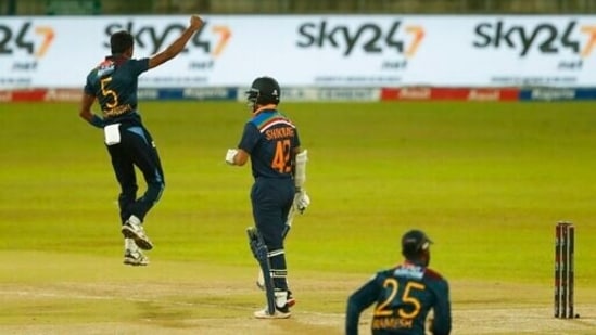 Dushmantha Chameera celebrates the dismissal of Shikhar Dhawan during India vs Sri Lanka 3rd T20I in Colombo(AP)