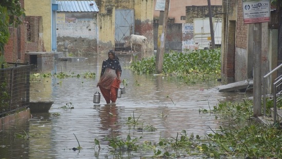 A woman wades through heavy waterlogging caused due to water from the drains on the Delhi-Meerut Expressway spilling over into Mehrauli village, in Ghaziabad on July 28.(Sakib Ali / HT Photo)