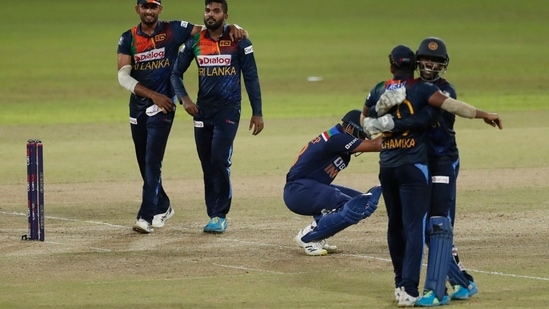 Wanidu Hasaranga and Dasun Shanaka celebrate the dismissal of India's Varun Chakravarthy during India vs Sri Lanka 3rd T20I in Colombo.(AP)