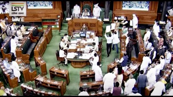 Opposition leaders stage a protest in the Lok Sabha during the monsoon session of Parliament, in New Delhi on Wednesday. (ANI) Opposition leaders stage a protest in the Lok Sabha during the monsoon session of Parliament, in New Delhi on Wednesday. (ANI)