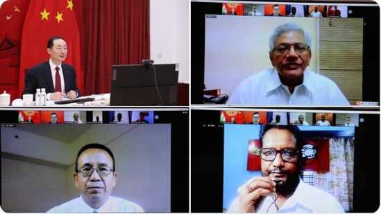 Left leaders like Sitaram Yechury and D Raja attend a virtual seminar hosted by the Chinese Embassy in New Delhi on Tuesday to observe the centenary of the founding of the Communist Party of China. (ANI/Twitter)