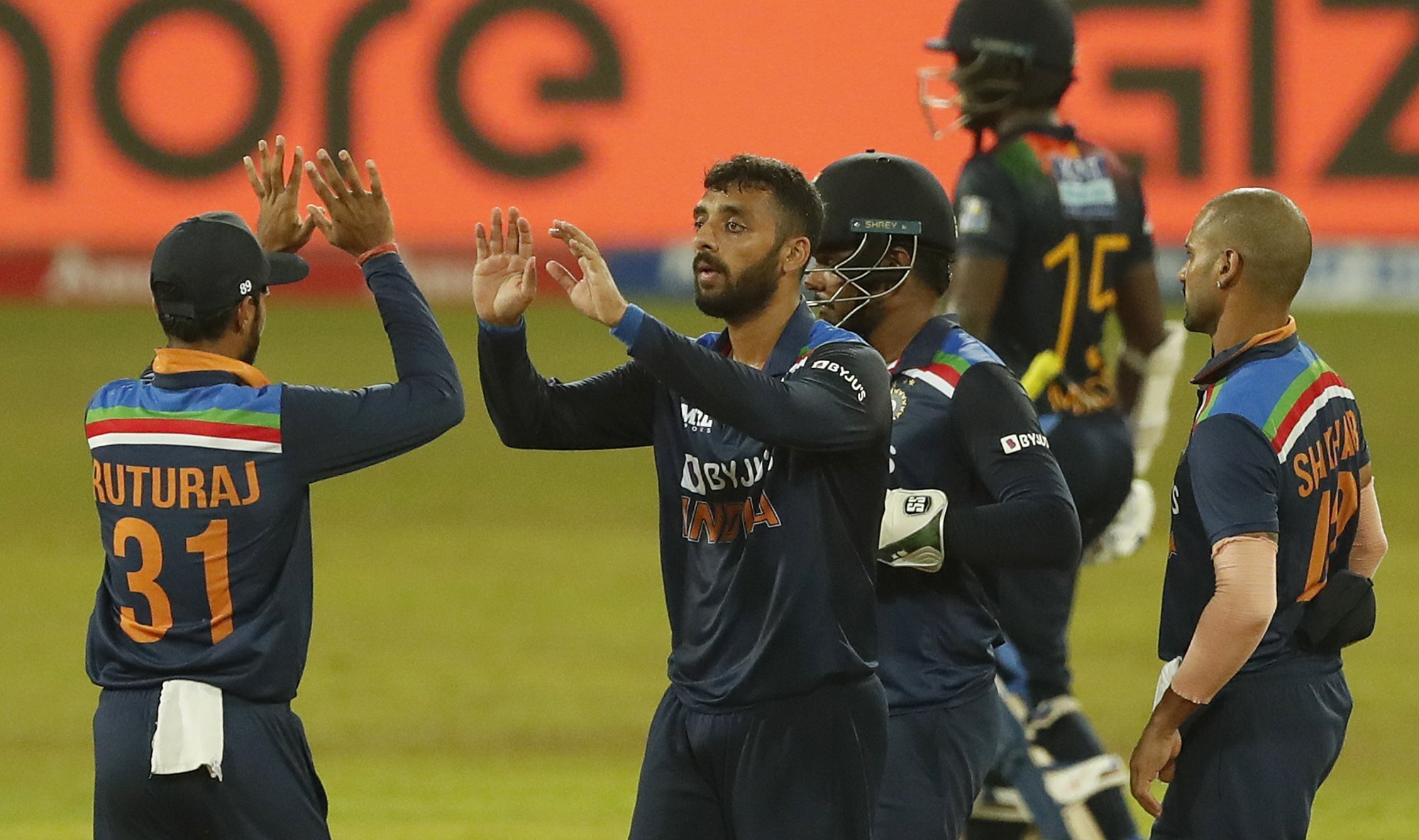 Varun Chakravarthy is congratulated by teammates for taking the wicket of Sri Lanka's Sadeera Samarawickrema during the second Twenty20 cricket match between Sri Lanka and India in Colombo,. (AP) Varun Chakravarthy is congratulated by teammates for taking the wicket of Sri Lanka's Sadeera Samarawickrema during the second Twenty20 cricket match between Sri Lanka and India in Colombo,. (AP)