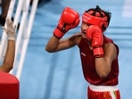 Tokyo 2020 Olympics: Lovlina Borgohain of India reacts during the fight against Chen Nien-Chin of Taiwan. 