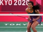 India's PV Sindhu celebrates after wining against Japan's Akane Yamaguchi during their women's singles badminton quarterfinal match at the 2020 Summer Olympics, Friday, July 30, 2021, in Tokyo, Japan. 